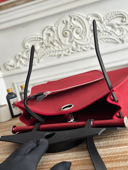 HERMES ZIP CABINE 31 BAG IN RUBY RED CANVAS AND BLACK CALFSKIN