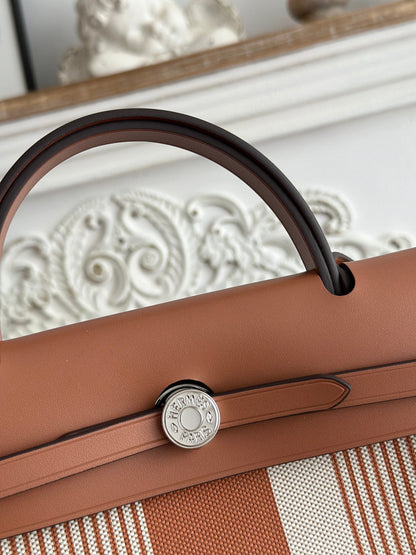 HERMES ZIP CABINE 31 BAG IN BRONZE BROWN MIX WHITE CANVAS AND CALFSKIN