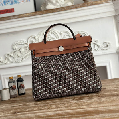 HERMES HERBAG MESSENGER 31 BAG IN DARK BROWN H VIKING CANVAS AND COWHIDE