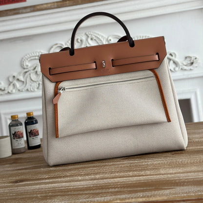 HERMES HERBAG ZIP 31 LAQUERED BAG IN OFF-WHITE MIX YELLOW H PLUME CANVAS