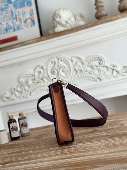 HERMES MINI NEO 17 EVELYNE BAG IN BRONZE BROWN CANVAS AND PLUM PURPLE CALFSKIN