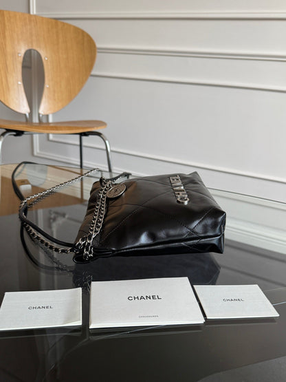 CHANEL MINI HOBO HANDBAG 20 IN BLACK CALFSKIN SILVER-TONE HARDWARE