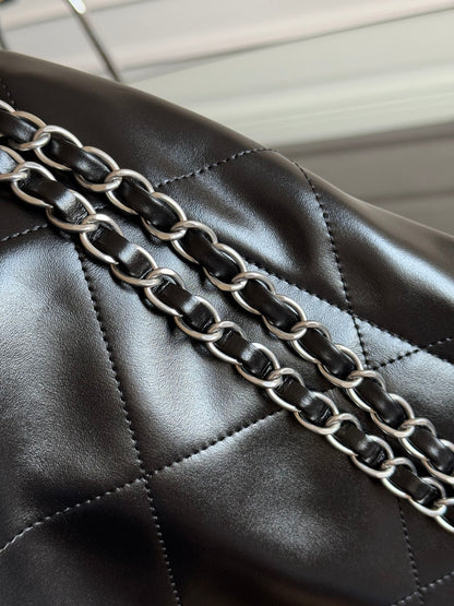 CHANEL MINI HOBO HANDBAG 20 IN BLACK CALFSKIN SILVER-TONE HARDWARE