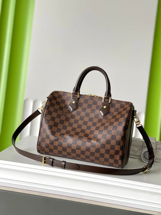 LOUIS VUITTON SPEEDY BANDOLIÈRE 30 IN DARK BROWN DAMIER EBENE CANVAS GOLD LOCK