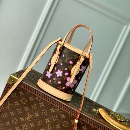 LOUIS VUITTON NANO BUCKET CHERRY BLOSSOM IN SAKURA BROWN MONOGRAM COATED CANVAS