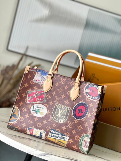LOUIS VUITTON ONTHEGO VOYAGE 35 IN BROWN MONOGRAM CANVAS WITH VINTAGE HOTEL LABELS