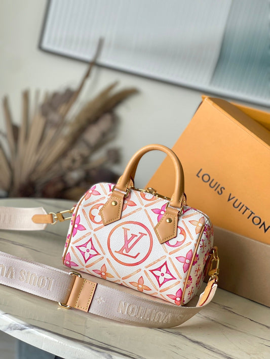 LOUIS VUITTON SPEEDY BANDOULIÈRE 20 IN CORAL MONOGRAM TILES CANVAS GOLD BUCKLE