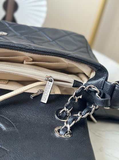 CHANEL 25S SHOULDER BAG 34 IN BLACK CAVIAR WITH SILVER HARDWARE