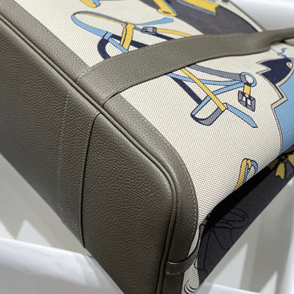 HERMES GARDEN PARTY 36 IN IVORY YELLOW BLUE TOILE H CANVAS ETOUPE CALFSKIN EQUESTRIAN HARNESS PRINT