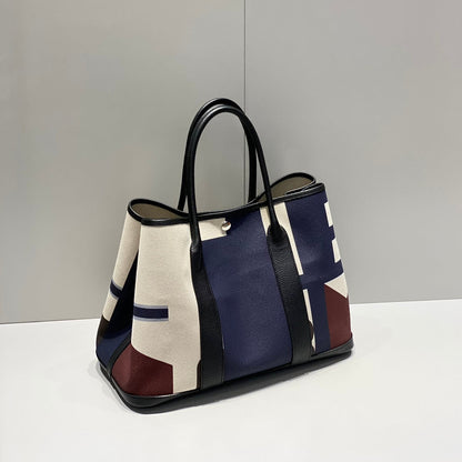 HERMES GARDEN PARTY 36 IN MULTICOLOR TOILE H CANVAS BLACK CALFSKIN