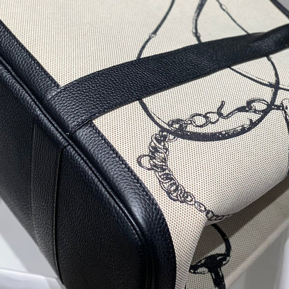 HERMES GARDEN PARTY 36 IN BEIGE AND BLACK TOILE H CANVAS BLACK CALFSKIN HORSE TACK SKETCH PRINT