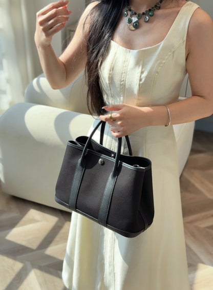 HERMES GARDEN PARTY 30CM IN BLACK TOILETS COTTON CANVAS AND CALFSKIN