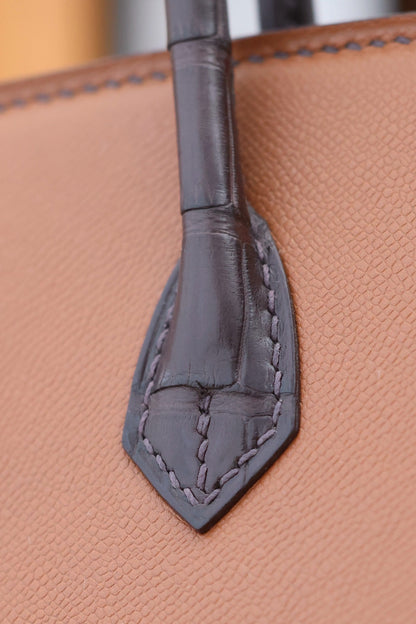 HERMES BIRKIN FAUBOURG TOUCH 20 IN CHOCOLATE MIX BRONZE BROWN CALFSKIN WITH SILVER HARDWARE