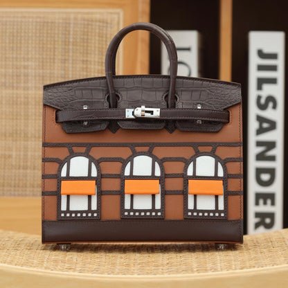 HERMES BIRKIN FAUBOURG TOUCH 20 IN CHOCOLATE MIX BRONZE BROWN CALFSKIN WITH SILVER HARDWARE