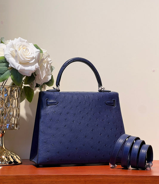 HERMES KELLY SELLIER 25 BAG IN NAVY BLUE OSTRICH LEATHER WITH SILVER HARDWARE