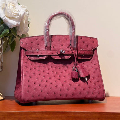 HERMES KELLY SELLIER 25 BAG IN CURRANT RED OSTRICH LEATHER WITH SILVER HARDWARE