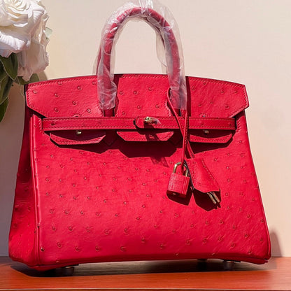 HERMES KELLY SELLIER 25 BAG IN CLASSIC RED OSTRICH LEATHER WITH GOLD HARDWARE