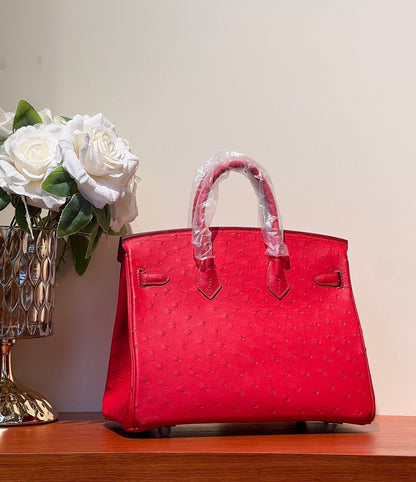 HERMES KELLY SELLIER 25 BAG IN CLASSIC RED OSTRICH LEATHER WITH GOLD HARDWARE