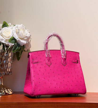 HERMES KELLY SELLIER 25 BAG IN BRIGHT PINK OSTRICH LEATHER WITH SILVER HARDWARE