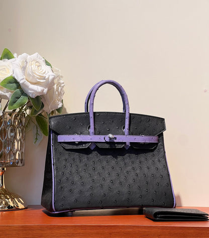 HERMES KELLY  SELLIER 25 BAG IN BLACK MIX AMETHYST PURPLE OSTRICH LEATHER