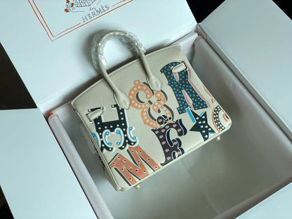 HERMES BIRKIN 25 BAG IN WHITE CREAM CALFSKIN WITH COLORFUL STICKER