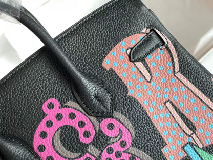 HERMES BIRKIN 25 BAG IN BLACK CALFSKIN WITH COLORFUL STICKER