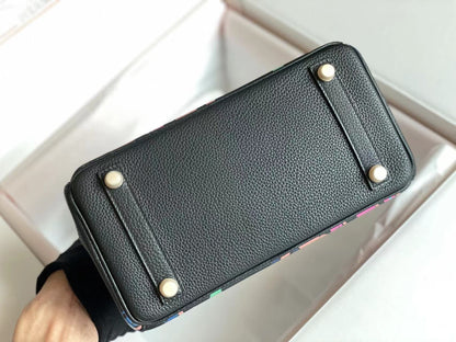HERMES BIRKIN 25 BAG IN BLACK CALFSKIN WITH COLORFUL STICKER