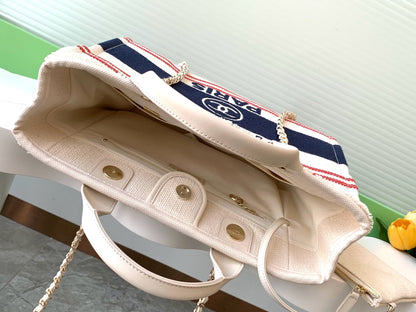 CHANEL SHOPPING BAG 34 IN WHITE RED AND NAVY BLUE CANVAS