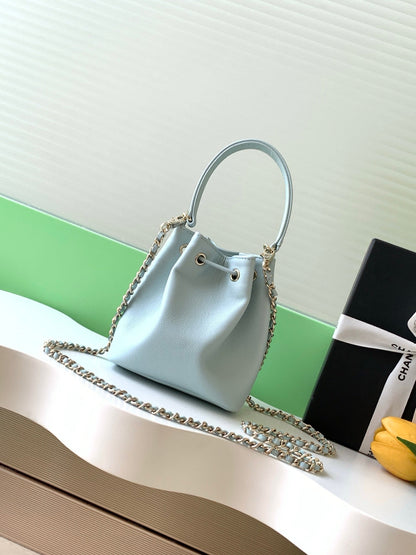 CHANEL 25S MINI BUCKET BAG 12 IN LIGHT BLUE CALFSKIN GOLD HARDWARE