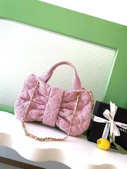 CHANEL 25S BOW BAG 38 IN PINK TWEED WITH GOLD HARDWARE