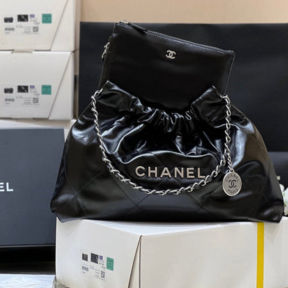 CHANEL 19 HOBO BAG 43CM BLACK GOATSKIN SILVER HARDWARE