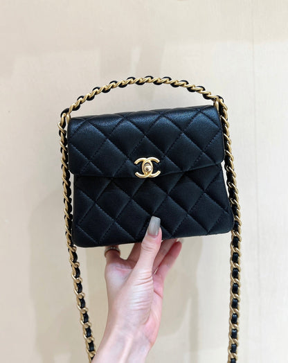 CHANEL 25S  TOTE CROSSBODY BAG 19 IN BLACK CALFSKIN WITH METAL HANDLE