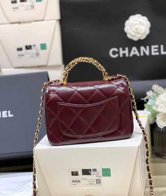 CHANEL TOP HANDLE 19 IN WINE RED LAMBSKIN GOLD HARDWARE