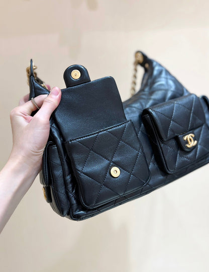 CHANEL QUILTED HOBO CARGO BAG 35 IN BLACK CALFSKIN GOLD CHAIN