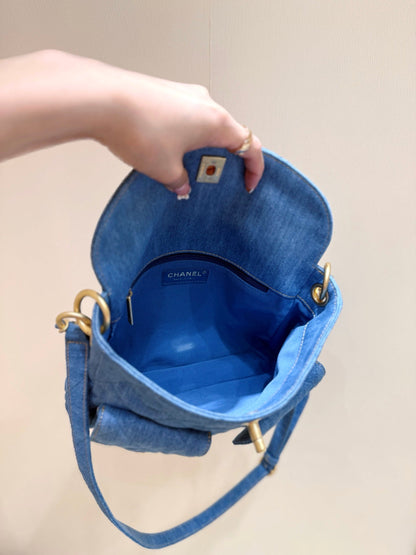 CHANEL 25S HOBO BAG 24 IN BLUE DENIM GOLD HARDWARE