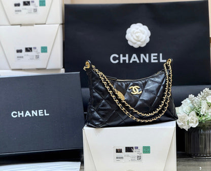 CHANEL QUILTED HOBO SHOULDER BAG 26 IN BLACK GLOSSY LAMBSKIN