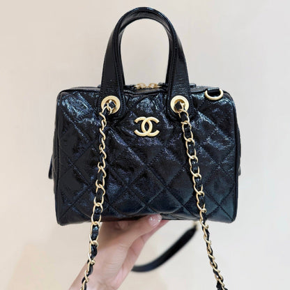 CHANEL 25S SMALL BOWLING BAG 21 IN BLACK CALFSKIN GOLD HARDWARE