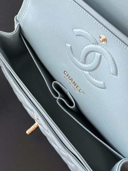 CHANEL 25S CLASSIC FLAP BAG 25 CM IN SLATE BLUE GRAY LAMBSKIN WITH GOLD HARDWARE