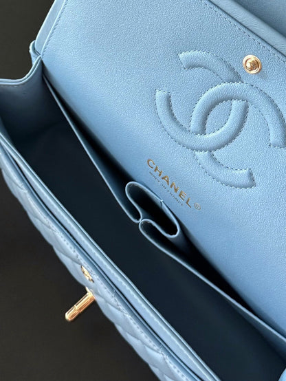 CHANEL 25S CLASSIC FLAP BAG 25 CM IN LIGHT BLUE LAMBSKIN WITH GOLD HARDWARE