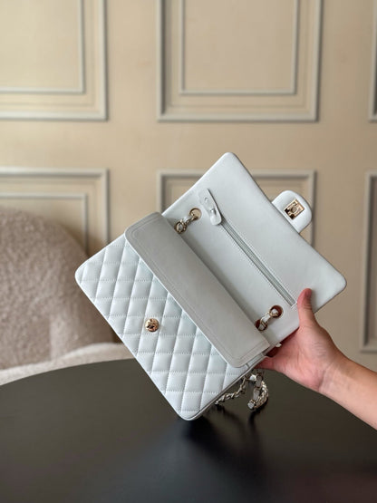 CHANEL 25S CLASSIC FLAP BAG 25 CM IN LIGHT GRAY BLUE LAMBSKIN WITH GOLD HARDWARE