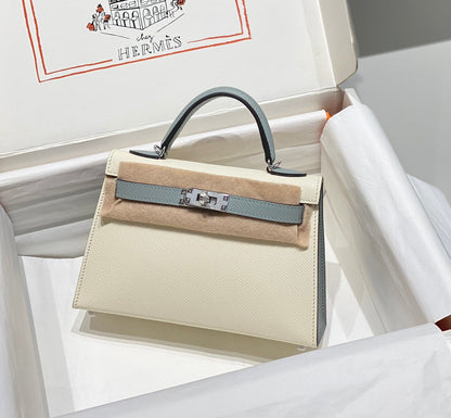 HERMES KELLY MINI 20 WHITE GLACIER GRAY EPSOM SILVER HARDWARE