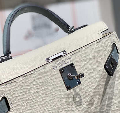 HERMES KELLY MINI 20 WHITE GLACIER GRAY EPSOM SILVER HARDWARE