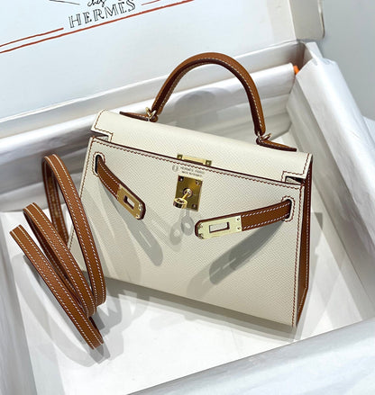 HERMES KELLY MINI 20 WHITE GOLDEN BROWN EPSOM GOLD HARDWARE