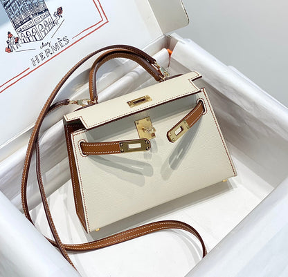 HERMES KELLY MINI 20 WHITE GOLDEN BROWN EPSOM GOLD HARDWARE