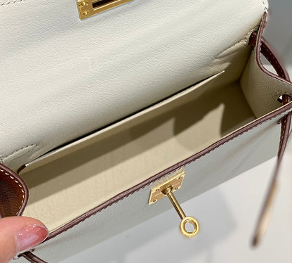 HERMES KELLY MINI 20 WHITE GOLDEN BROWN EPSOM GOLD HARDWARE