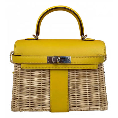 HERMES KELLY 20CM JAUNE DE NAPLES SWIFT IN YELLOW LEATHER AND WICKER SILVER HARDWARE